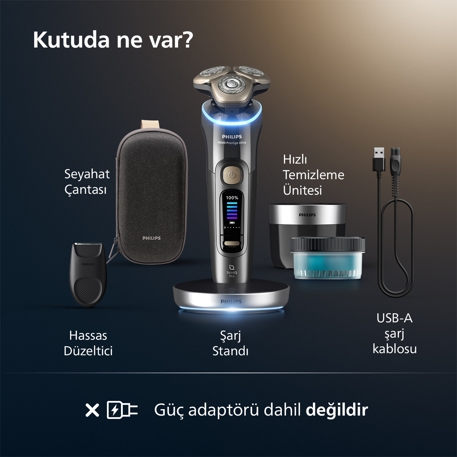 Philips tıraş makinesi aksesuarlarıyla: seyahat çantası, düzeltici, şarj standı, temizleme ünitesi, USB kablosu.