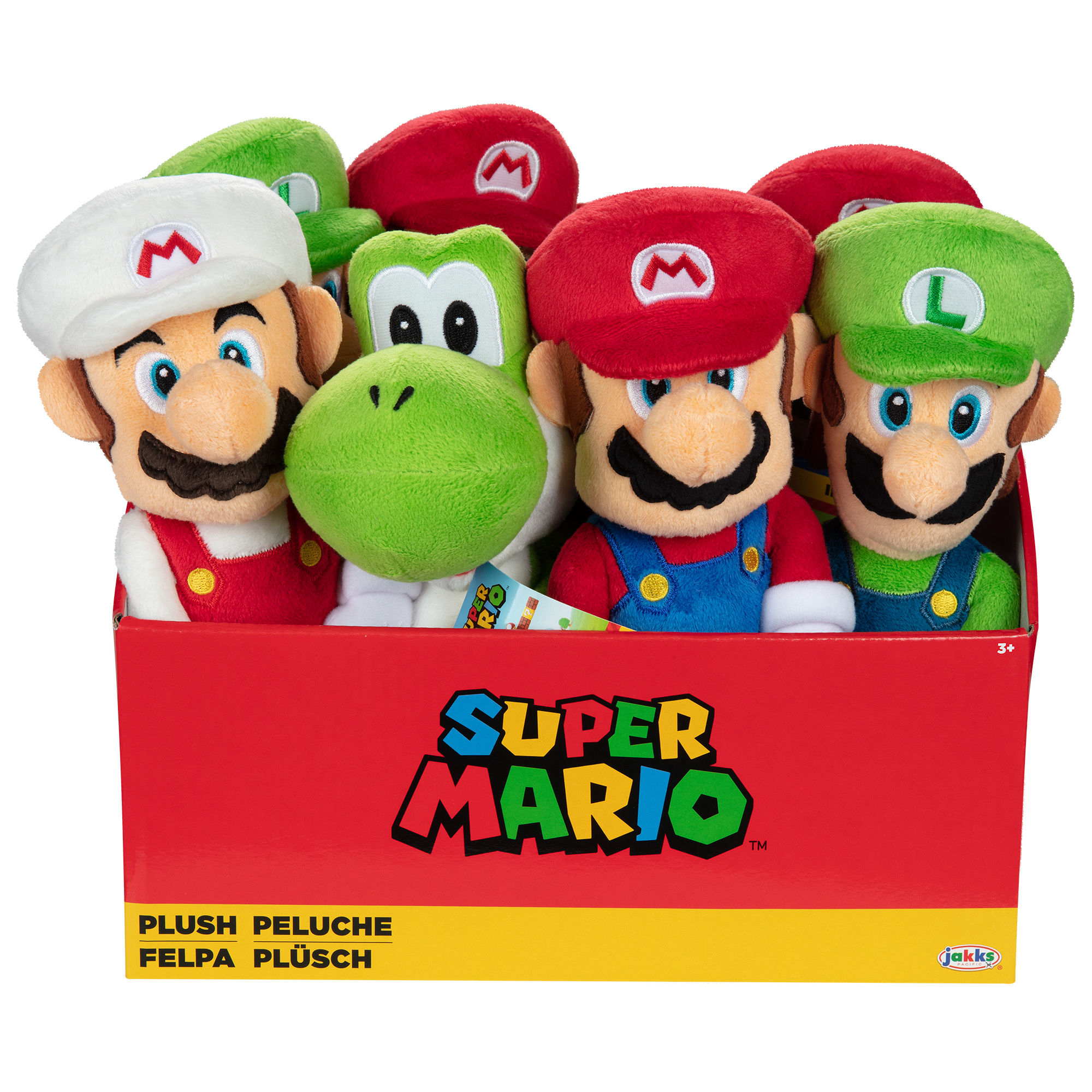 Super Mario Plüschfiguren in einer roten Box: Mario, Luigi und Yoshi.