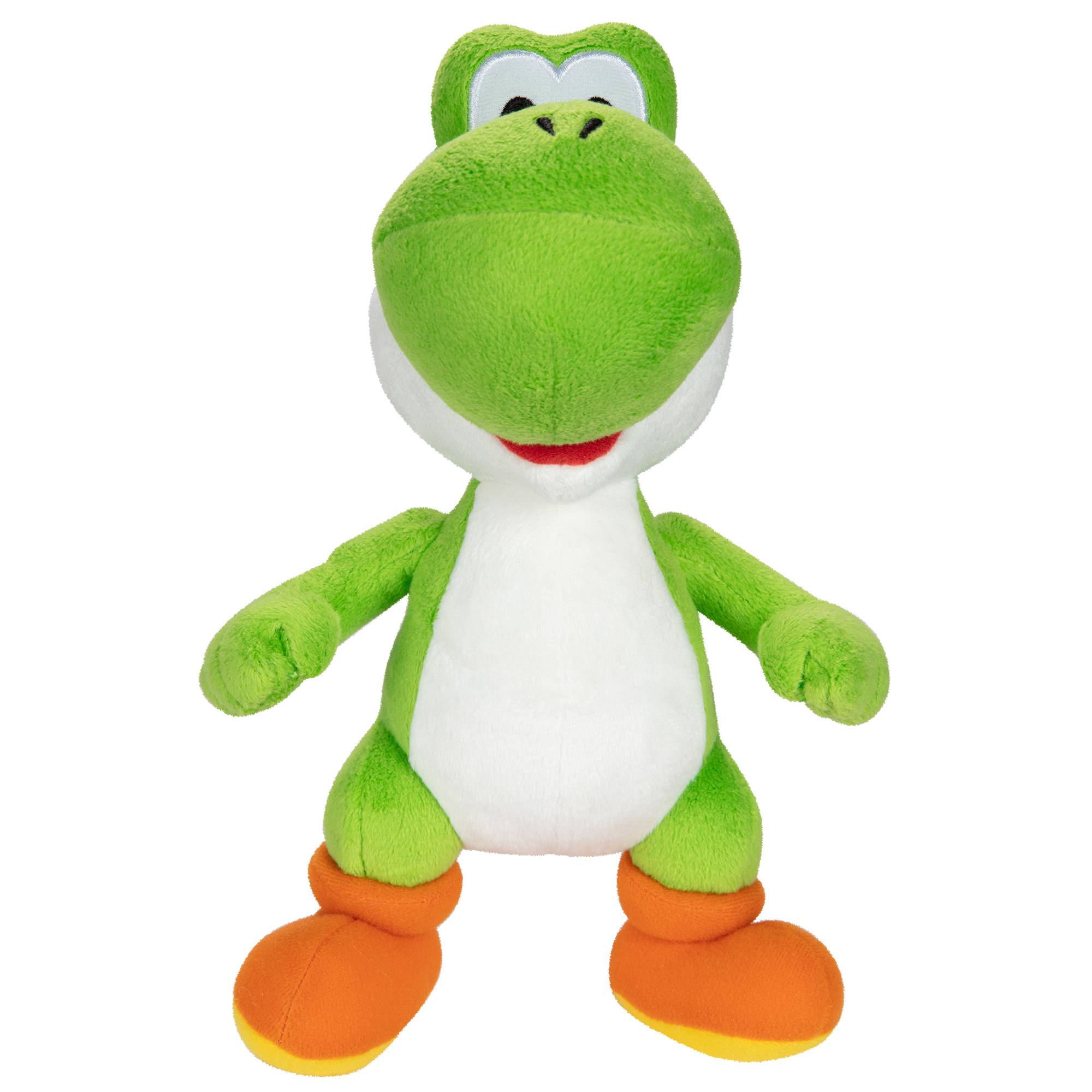 Ein grüner Yoshi-Plüsch mit weißem Bauch und orangefarbenen Schuhen.