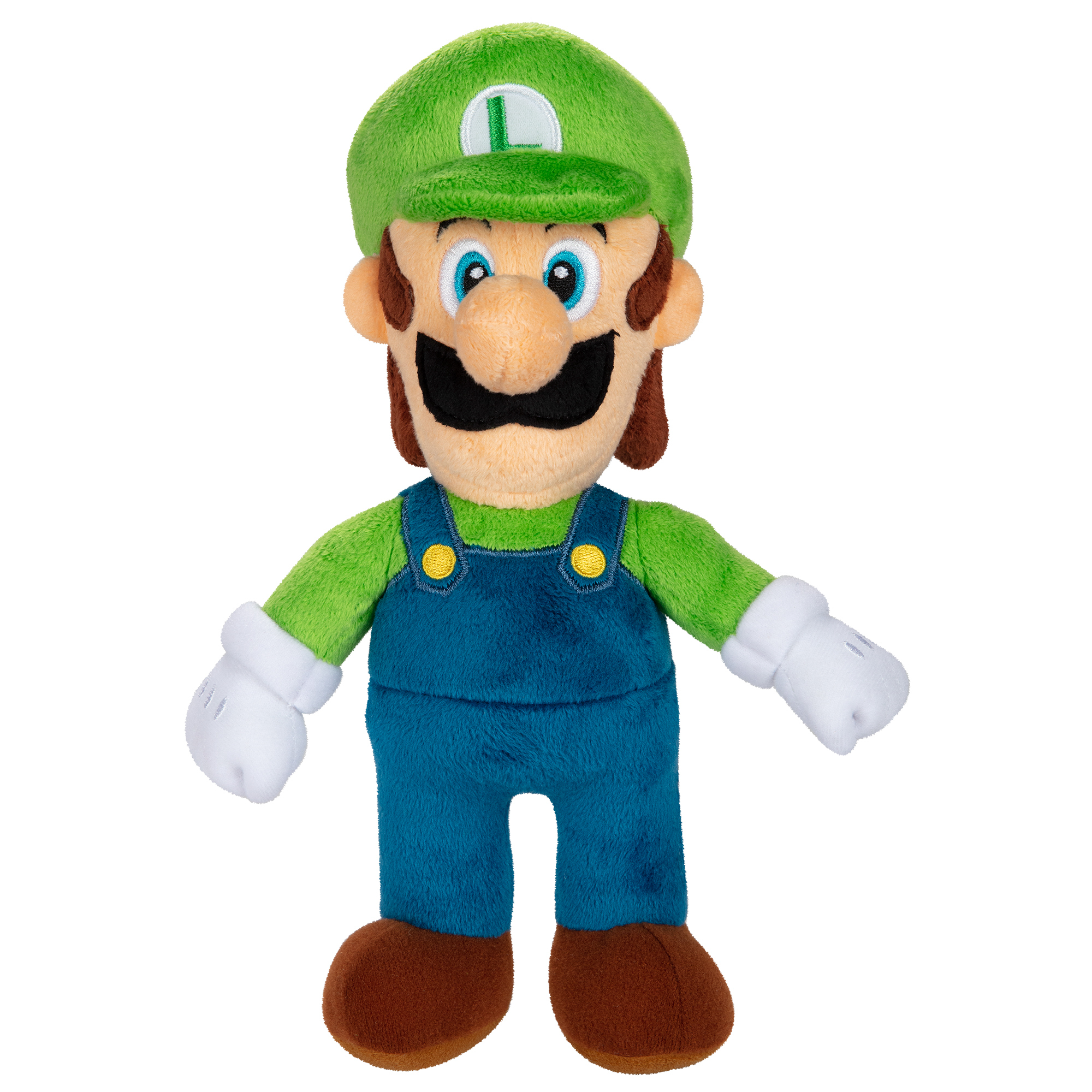 Plüschfigur von Luigi mit grüner Mütze und Latzhose.