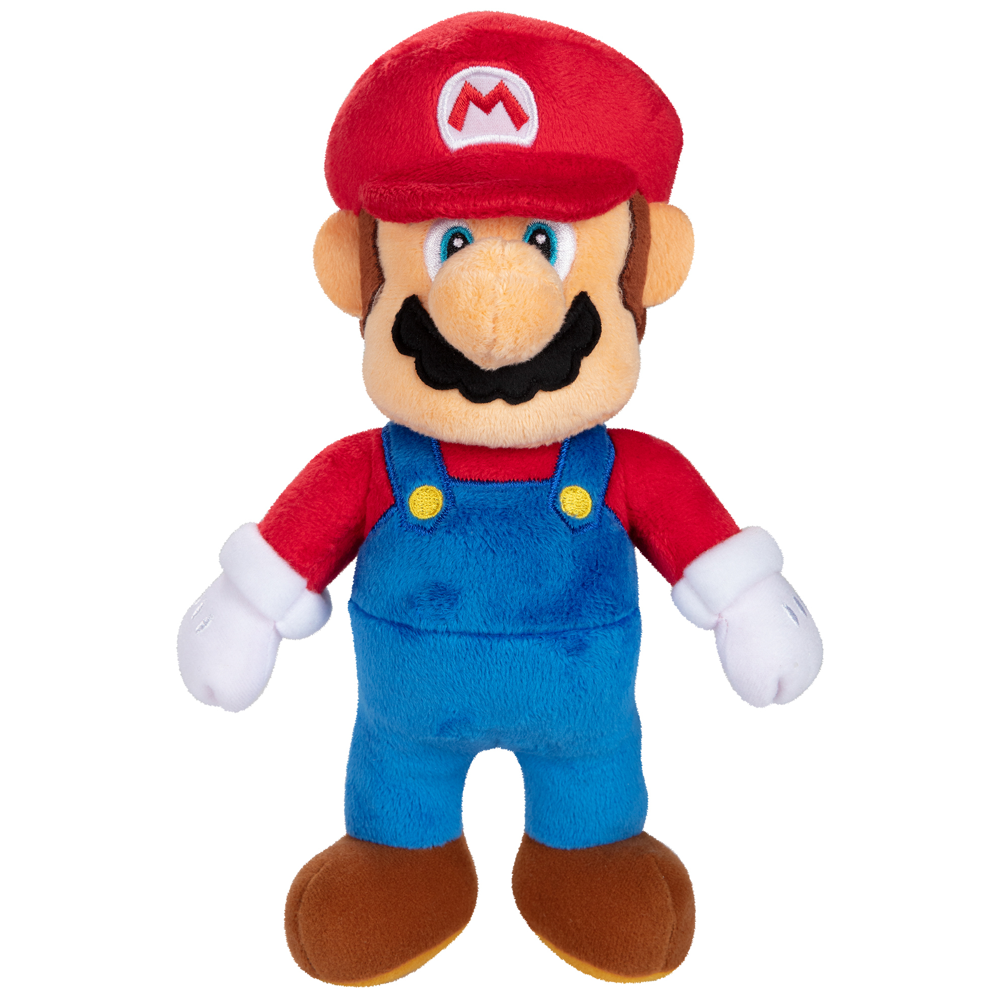 Plüschfigur von Mario in blauer Latzhose und rotem Hemd mit M-Kappe.