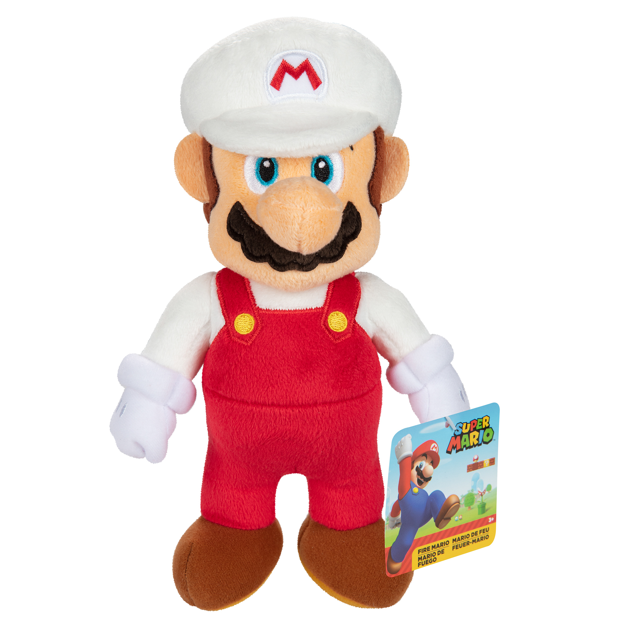 Plüschfigur von Feuer-Mario mit roter Latzhose und weißem Hemd.