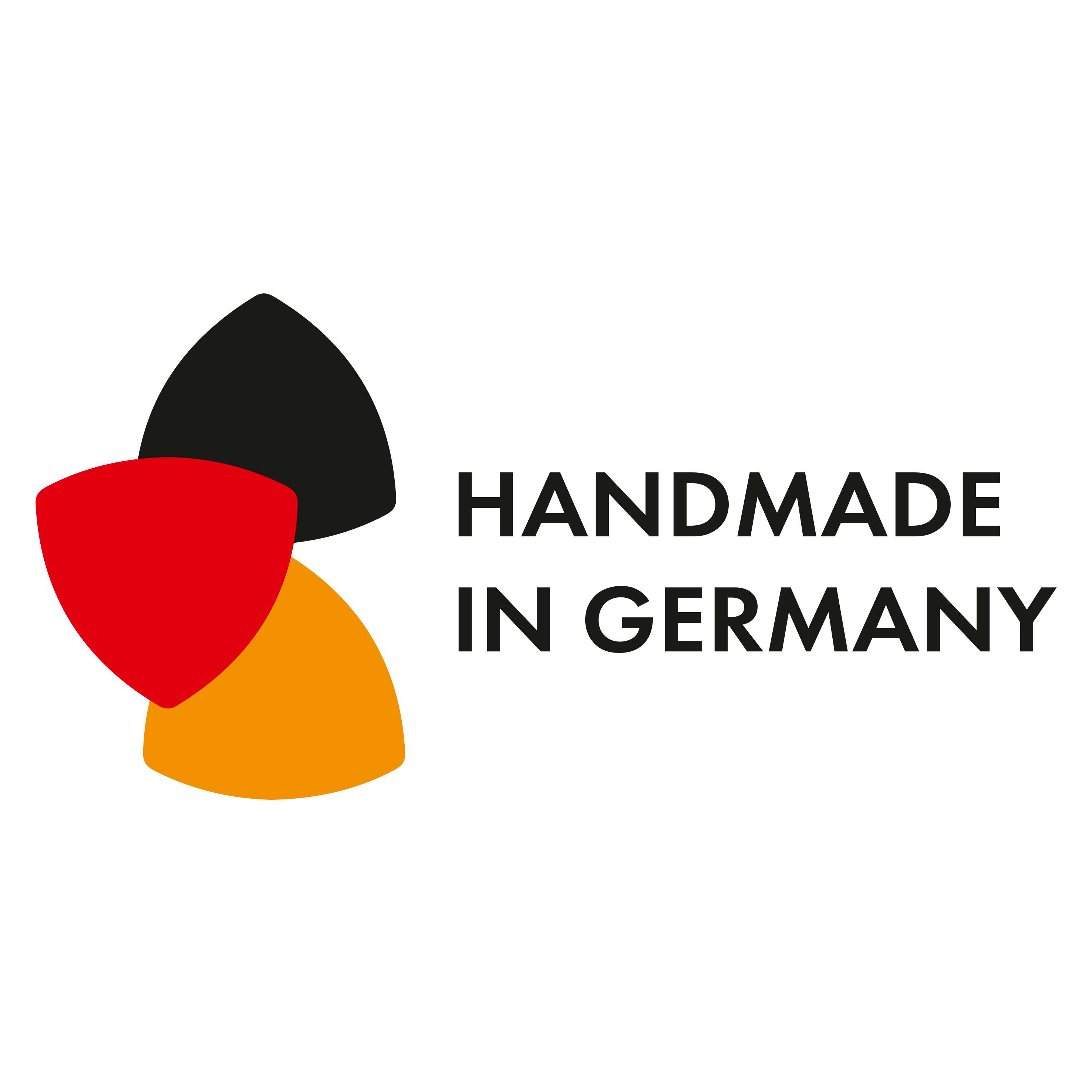 Handgemacht in Deutschland Logo mit drei überlappenden Schildern.