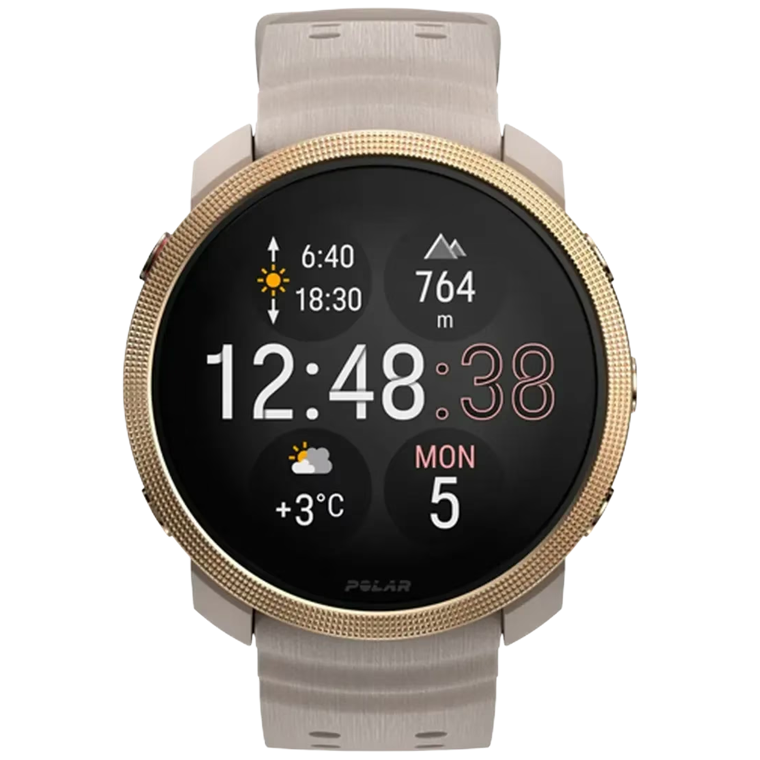 Een lichtgekleurd smartwatch met gouden rand en licht bandje. Toont 12:48 uur.