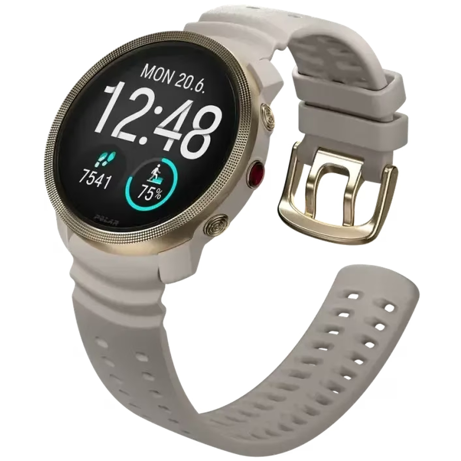 Een grijze smartwatch met gouden rand, toont tijd en activiteit.