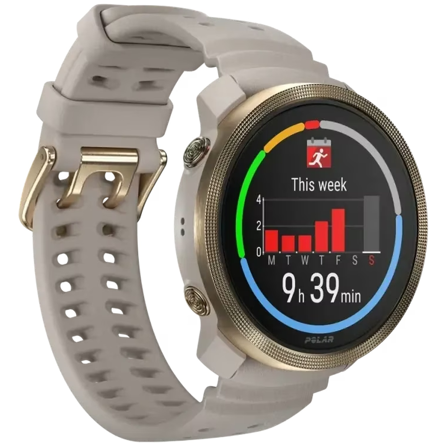 Een lichtgrijze smartwatch met gouden rand toont een wekelijkse activiteitsgrafiek en 9h 39min.