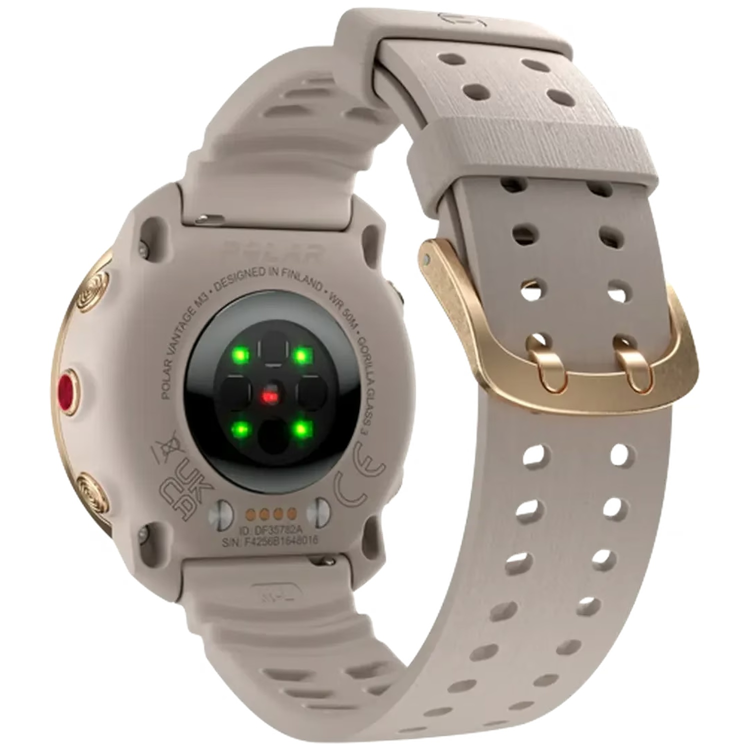 Achterkant van een lichtgrijze smartwatch met hartslagsensor en gouden gesp.