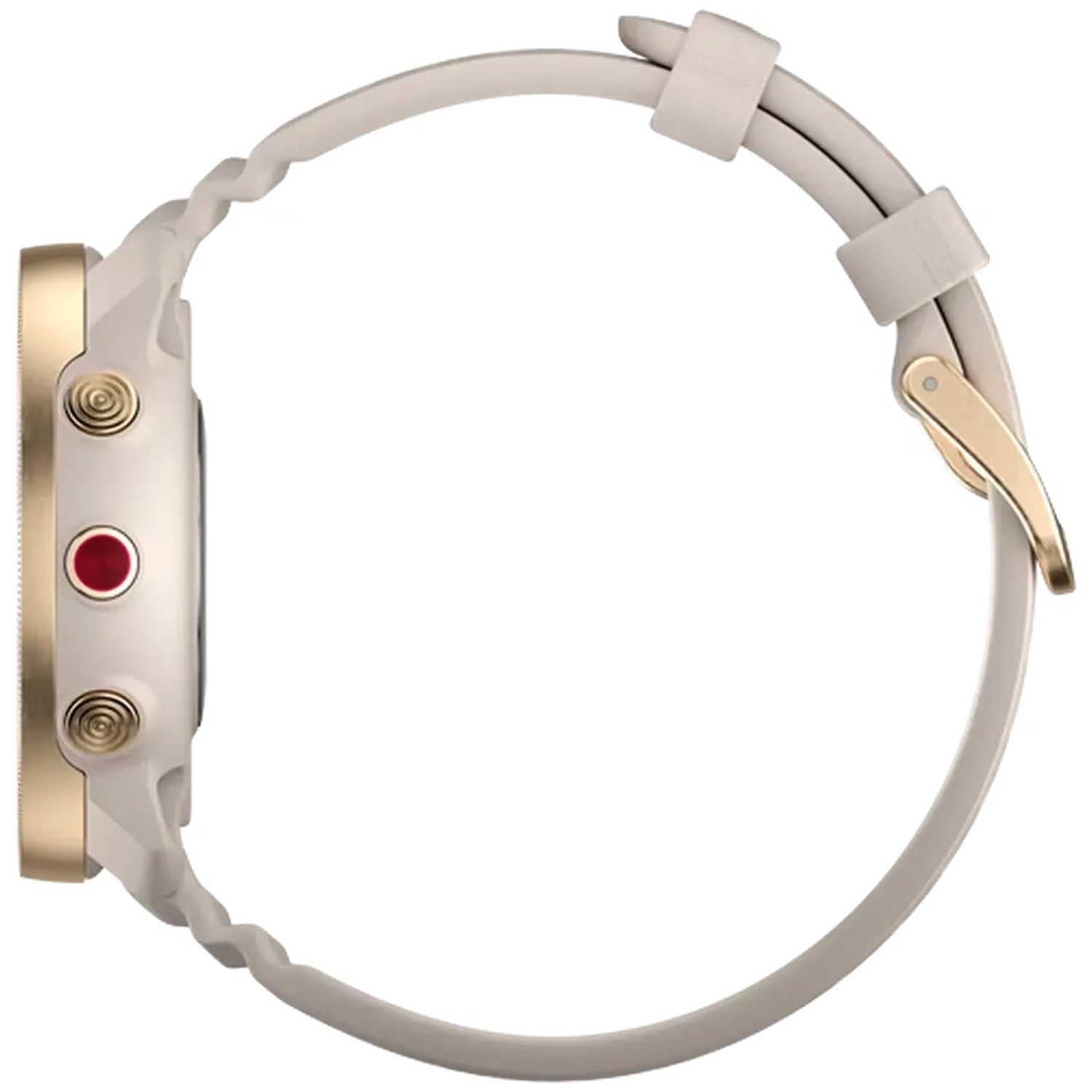 Zijaanzicht van een beige smartwatch met gouden rand en band. Het heeft twee knoppen en een rode accent.