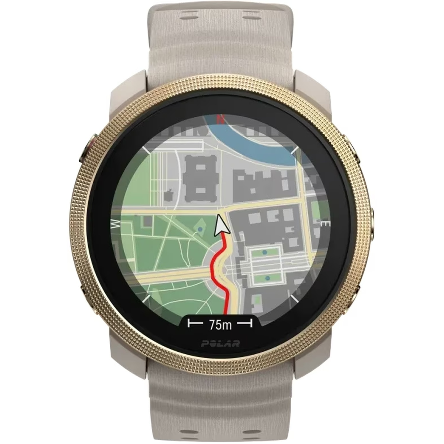 Grijze smartwatch met gouden rand en navigatiekaart op het scherm, 75m.