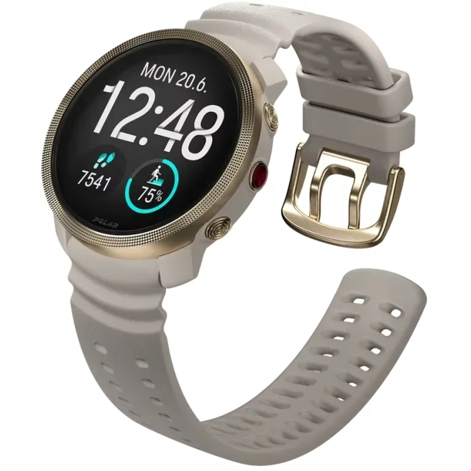 Een grijze smartwatch met gouden ring en digitaal display dat 12:48 toont.