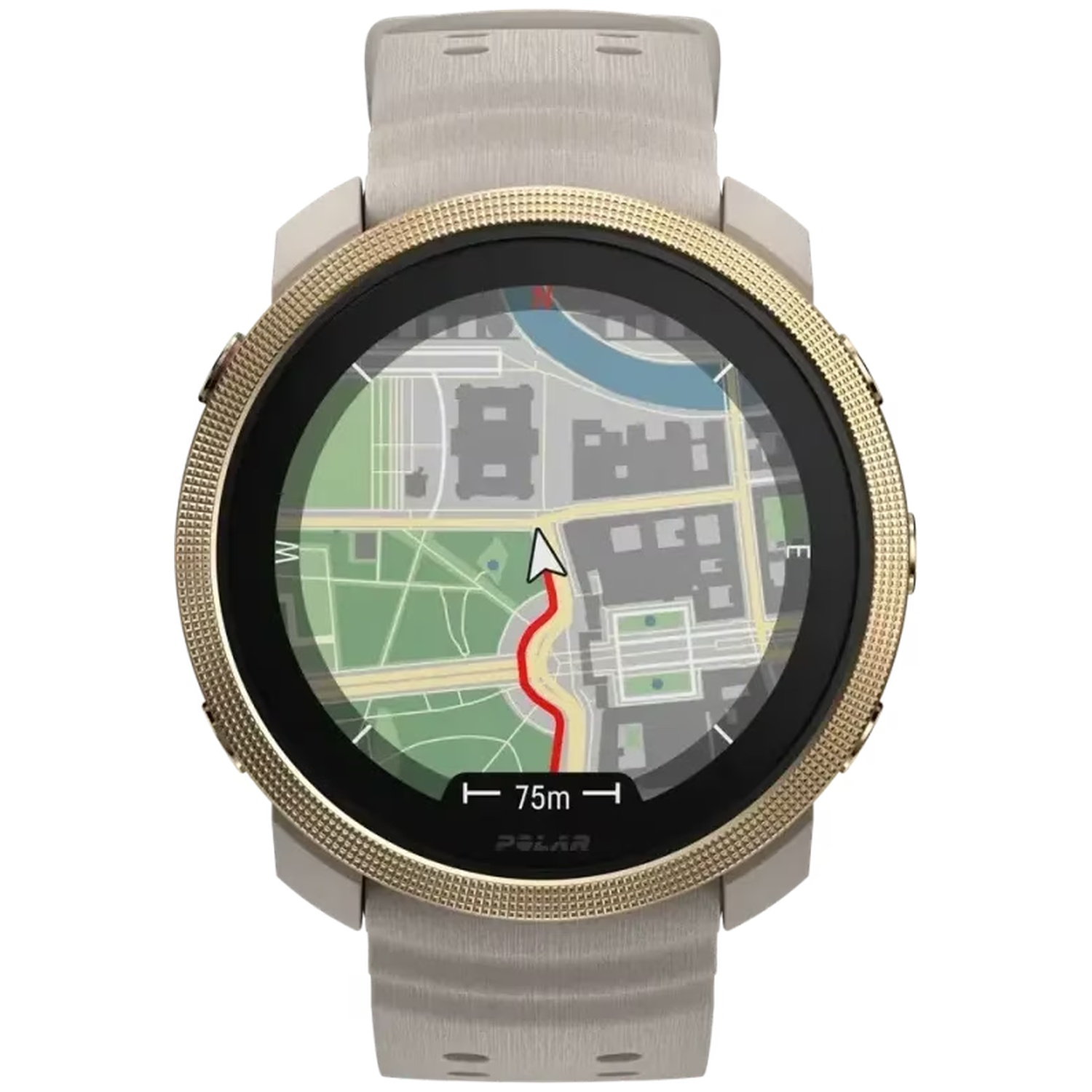 Een witte smartwatch met gouden rand toont een kaart met een rode route.