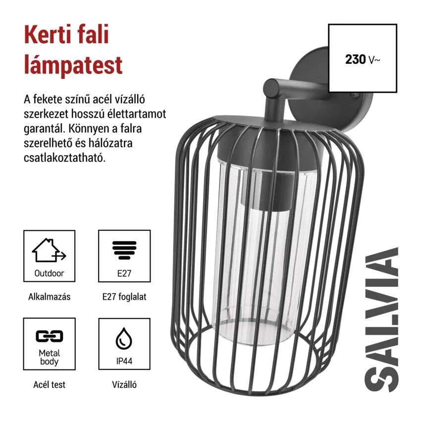 Fekete fém kültéri fali lámpatest, E27 foglalattal, IP44.