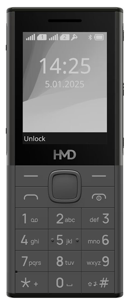 Szary telefon komórkowy HMD wyświetla godzinę 14:25 i datę 5.01.2025.