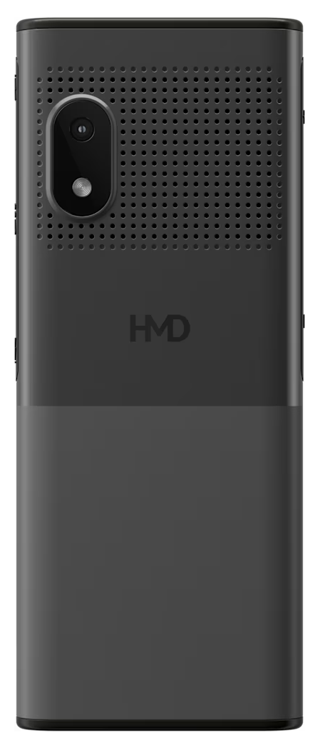 Czarny smartfon z obiektywem aparatu, lampą błyskową, grillem głośnika i logo HMD.