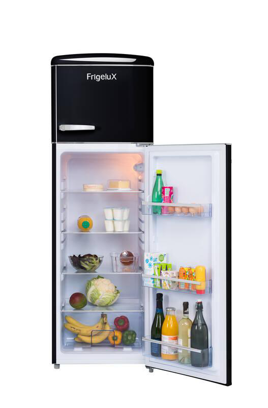 Ein offener schwarzer Kühlschrank mit Lebensmitteln wie Obst, Gemüse, Eiern und Getränken.