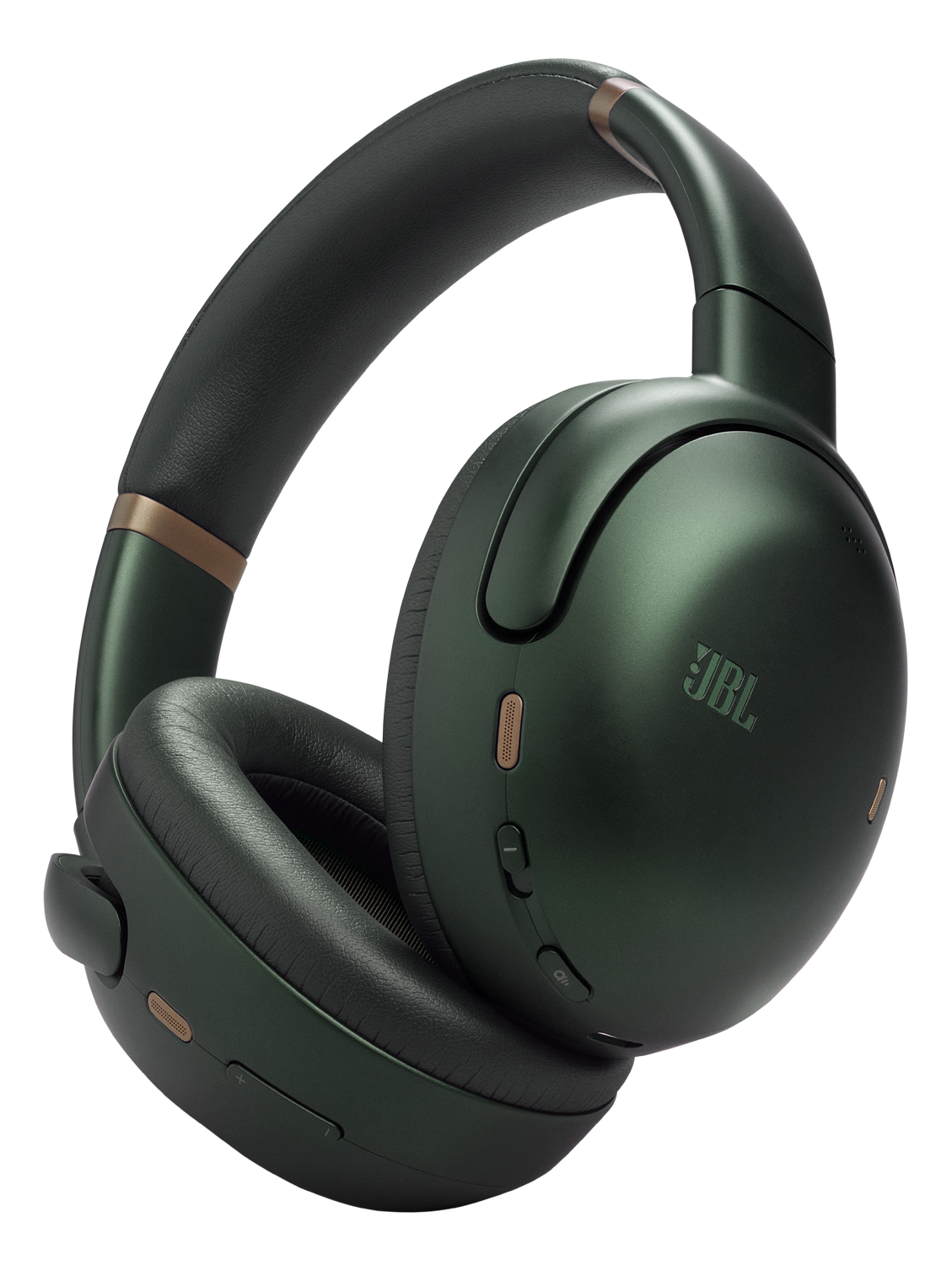 Cuffie JBL verde scuro con fascia in pelle e accenti dorati.