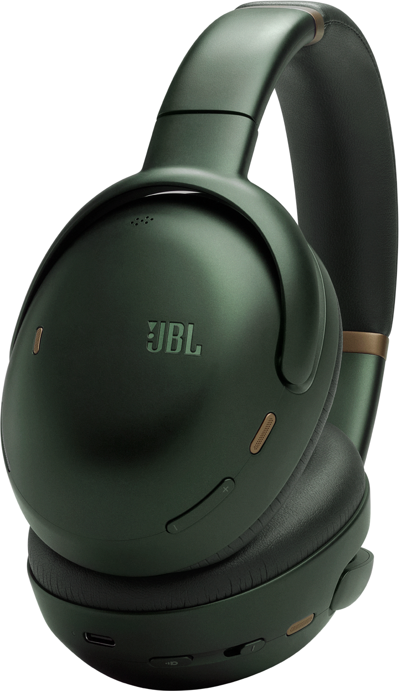 Un auricolare JBL verde scuro con accenti dorati su sfondo nero.