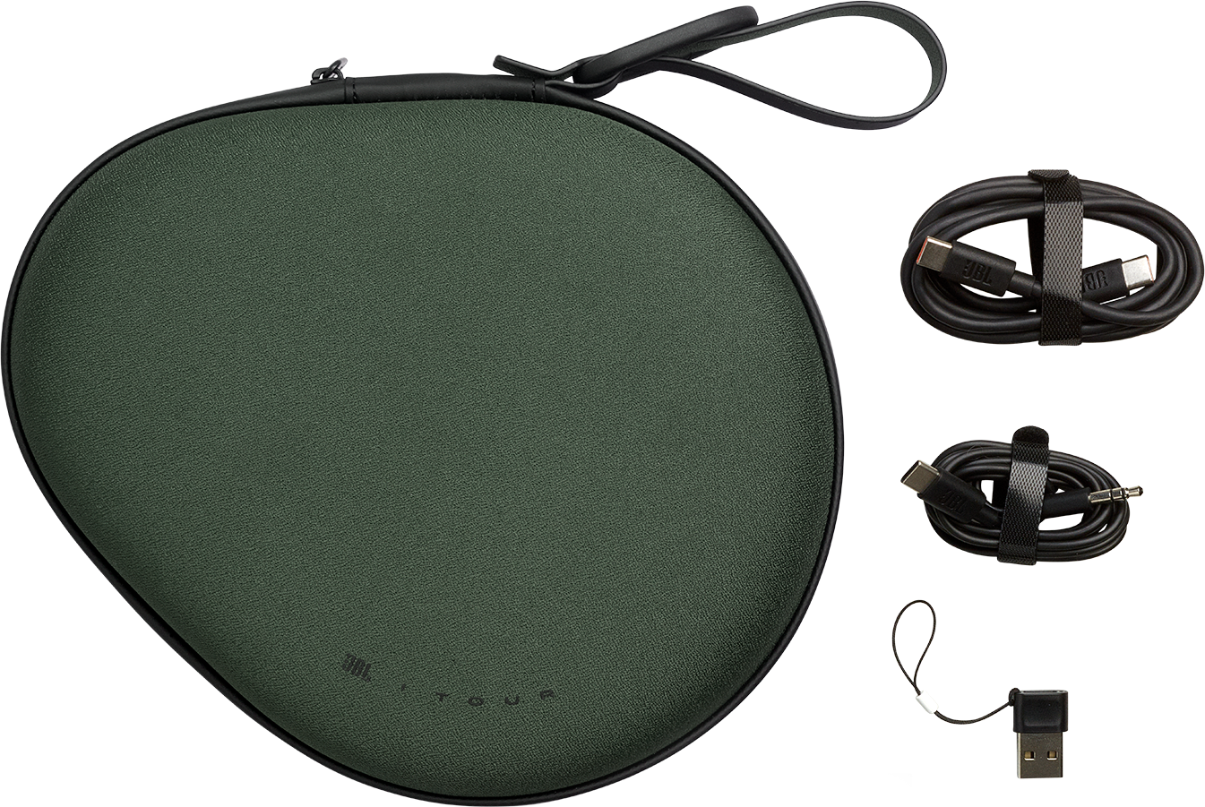 Custodia verde per cuffie JBL con cavi neri e adattatore USB.