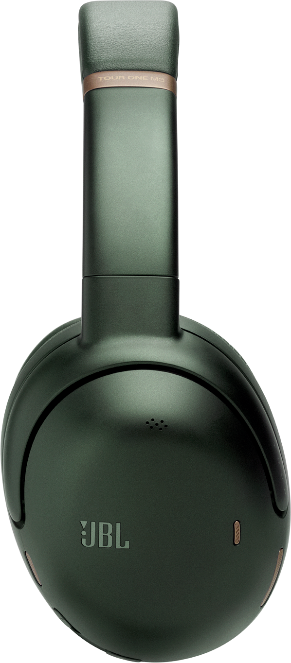 Cuffie verde scuro con logo JBL e accenti dorati.