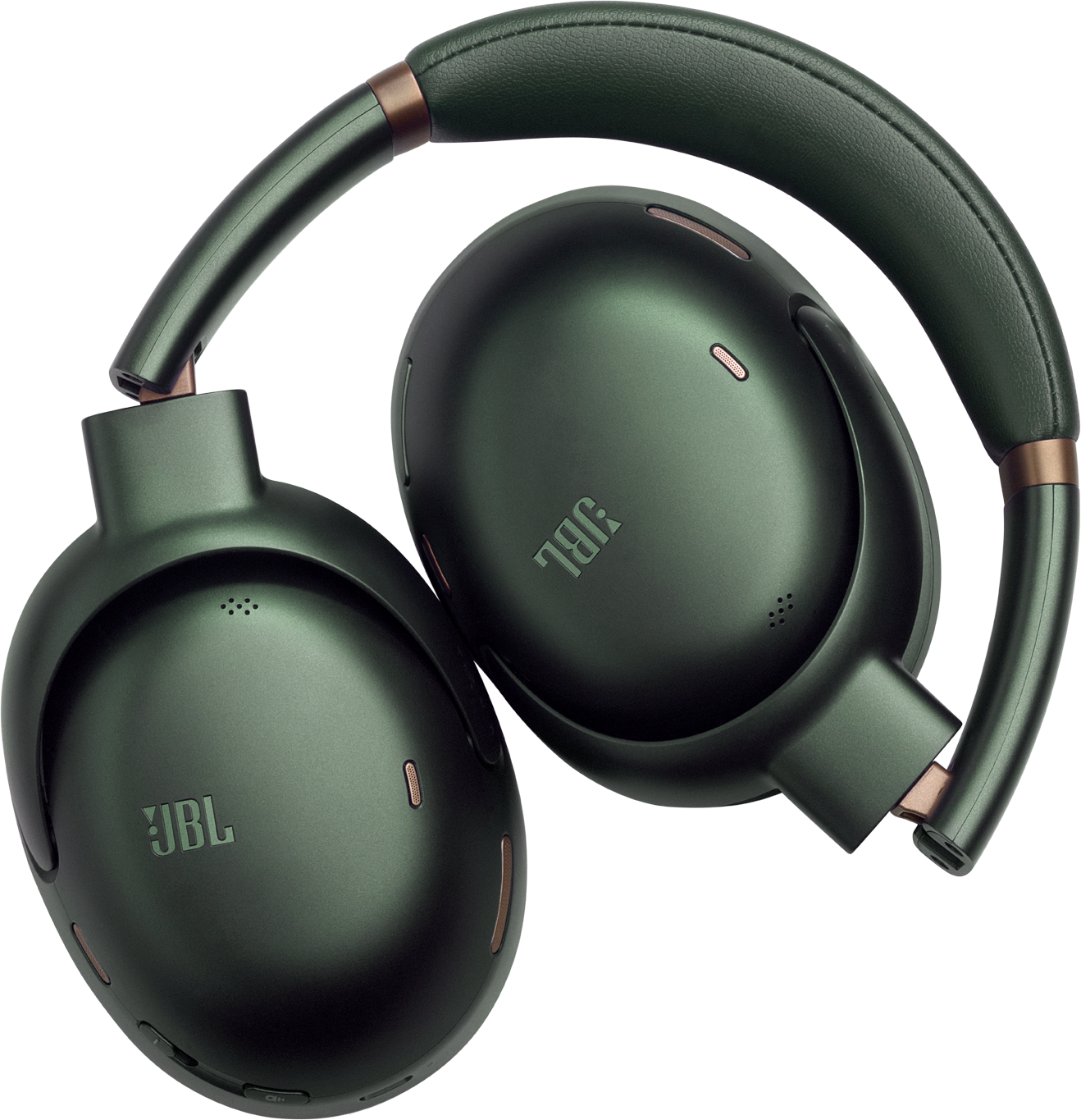 Cuffie JBL verde scuro con accenti dorati su sfondo nero.