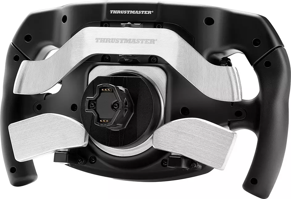 Schwarzes Lenkrad mit silbernen Akzenten und Thrustmaster-Logo.