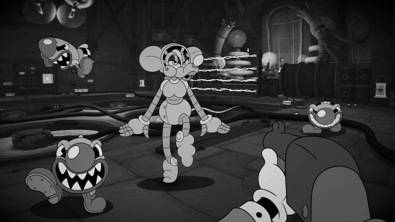 Robotermaus steht in einem Raum mit mehreren kleinen Robotern und seltsamen Maschinen.