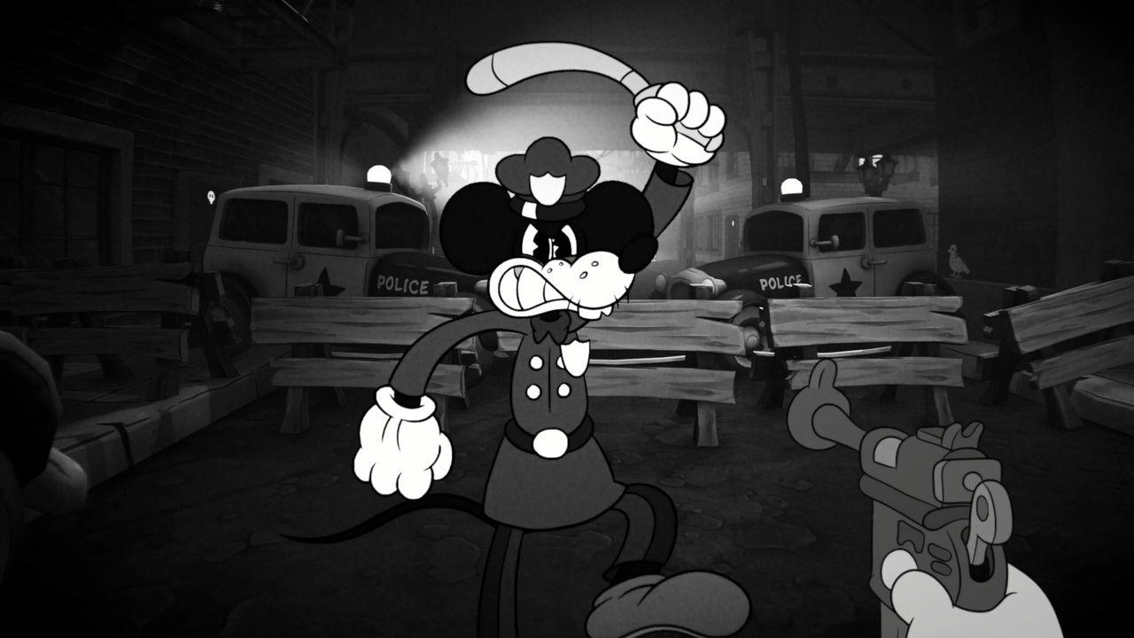 Ein Cartoon-Polizist mit Schlagstock hebt ihn über den Kopf. Polizeiautos im Hintergrund.
