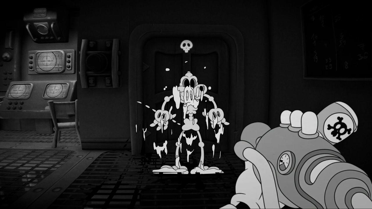 Ein Cartoon-Skelett steht vor einer Tür, während eine Hand eine Waffe hält.