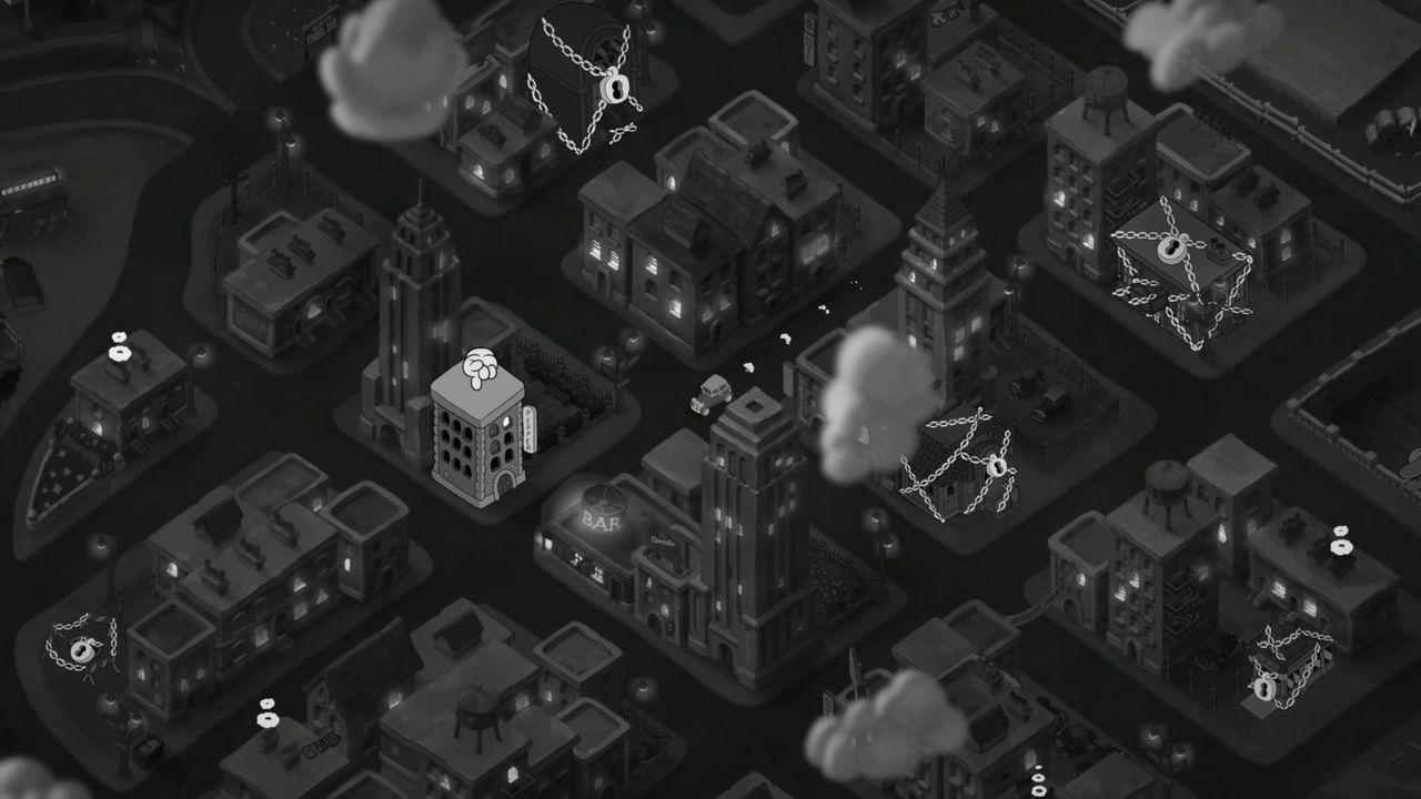 Draufsicht auf eine stilisierte Stadt bei Nacht mit Gebäuden und Ketten.