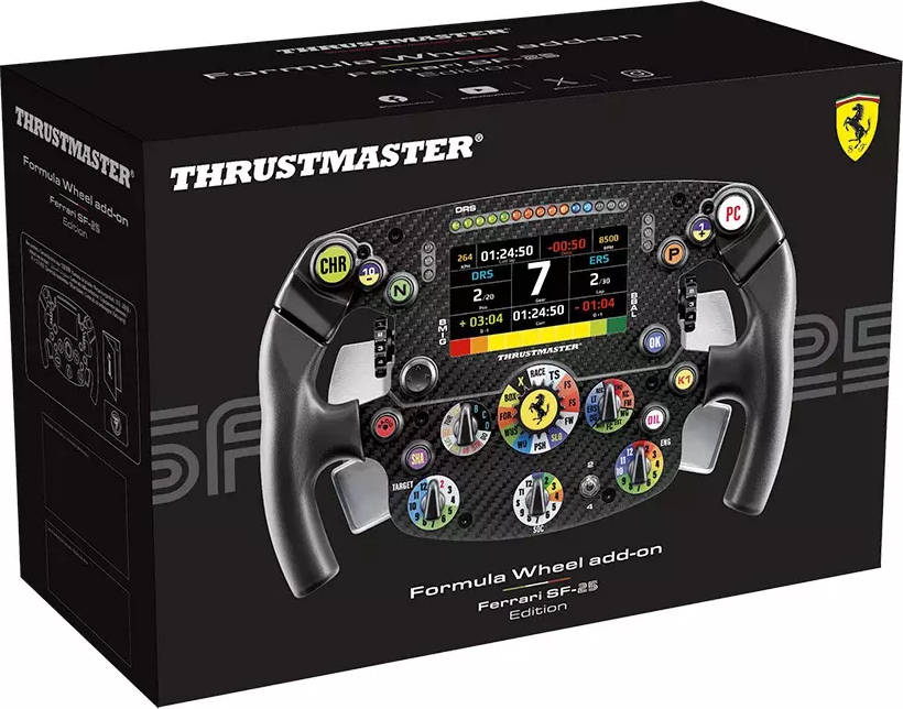 Verpackung eines Thrustmaster Formel 1 Lenkrads mit Ferrari SF-25 Edition.