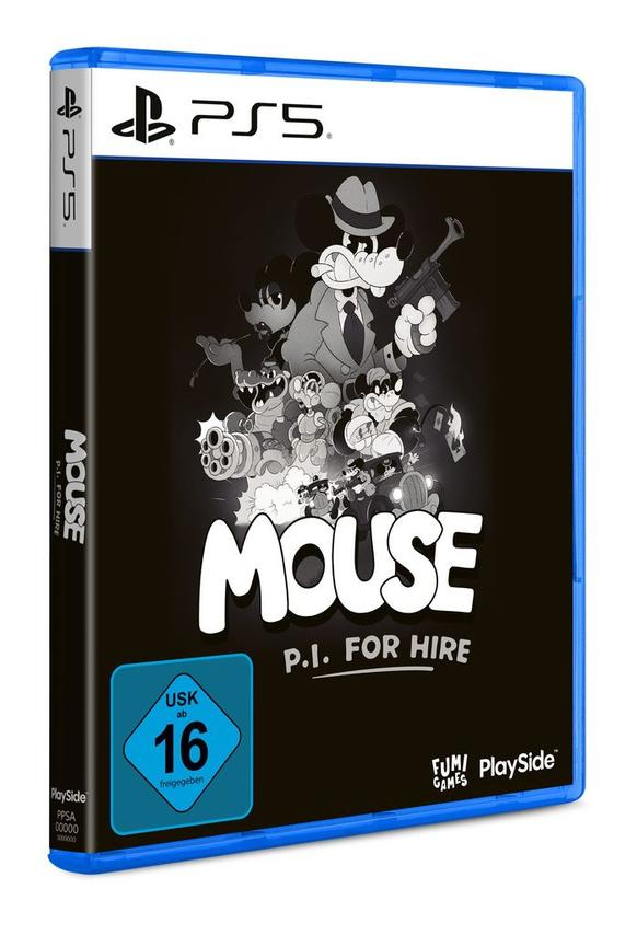 PS5-Spielhülle mit Micky Maus im Gangster-Look, Waffen und dem Titel 'MOUSE P.I. FOR HIRE'.
