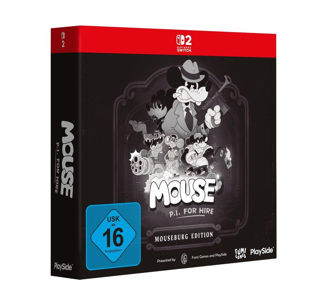 Nintendo Switch Spiel "Mouse P.I. for Hire" mit Micky Maus im Film Noir Stil.