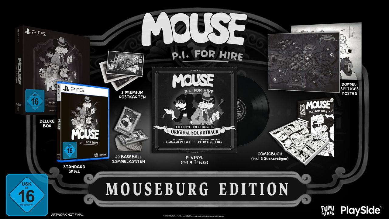 Das "Mouseburg Edition" Bundle für PS5 enthält das Spiel, eine Deluxe Box, Postkarten, Sammelkarten, Soundtrack-Vinyl und ein Comicbuch.