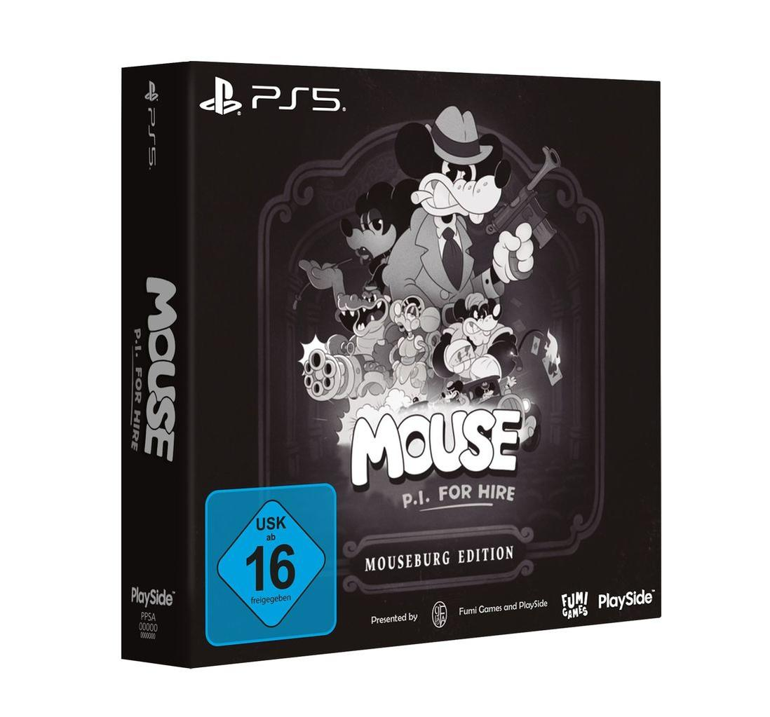 PS5 Spiel "Mouse P.I. For Hire" mit Micky Maus im Film-Noir-Stil.