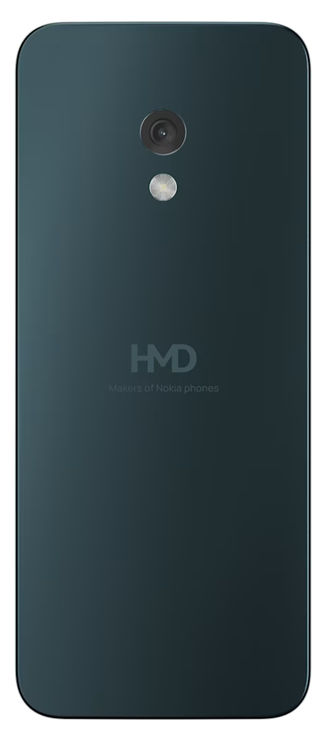 Tył ciemnego smartfona z aparatem, lampą błyskową i logo HMD.