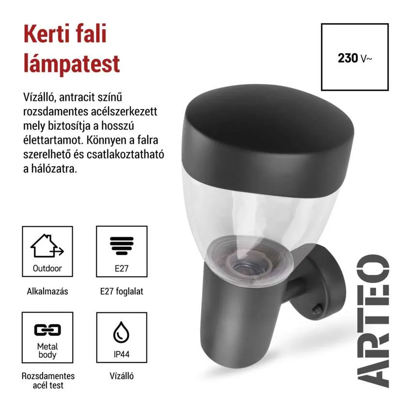Fekete kültéri fali lámpa átlátszó hengerrel, E27 foglalat, IP44, 230V.