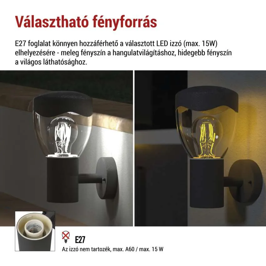 Fali lámpa átlátszó üveg búrával és fekete talppal, izzót mutat.