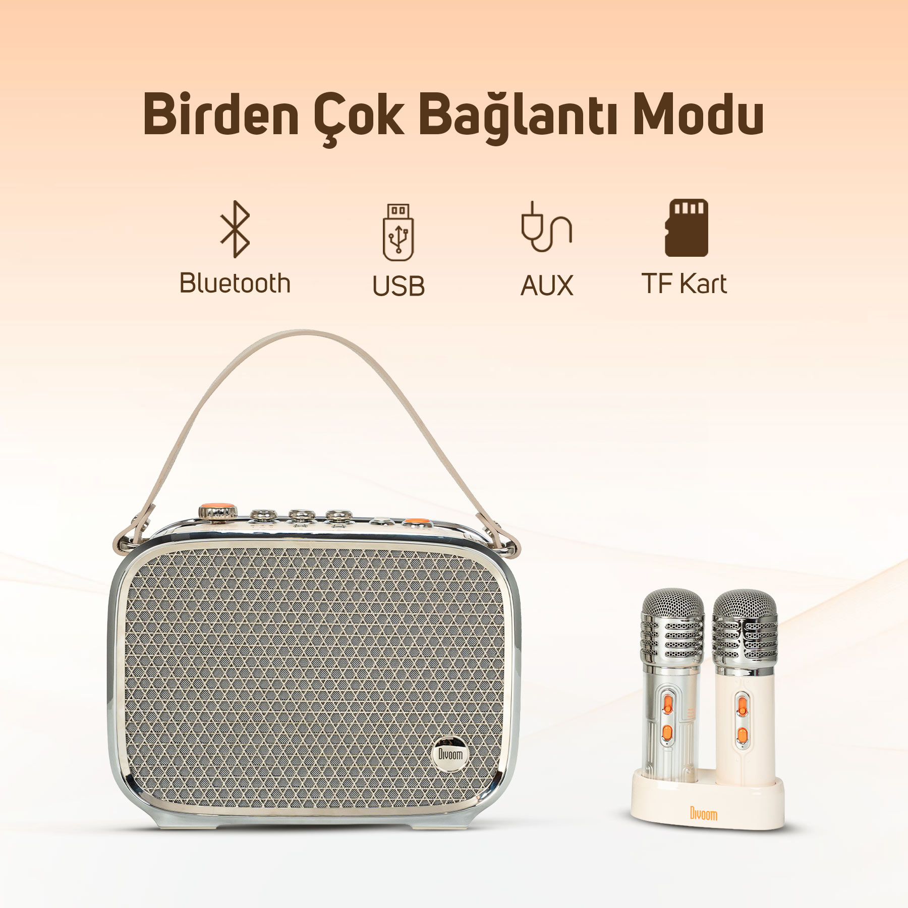 Bir hoparlör, bir stant üzerinde iki mikrofon. Bağlantılar: Bluetooth, USB, AUX, TF.