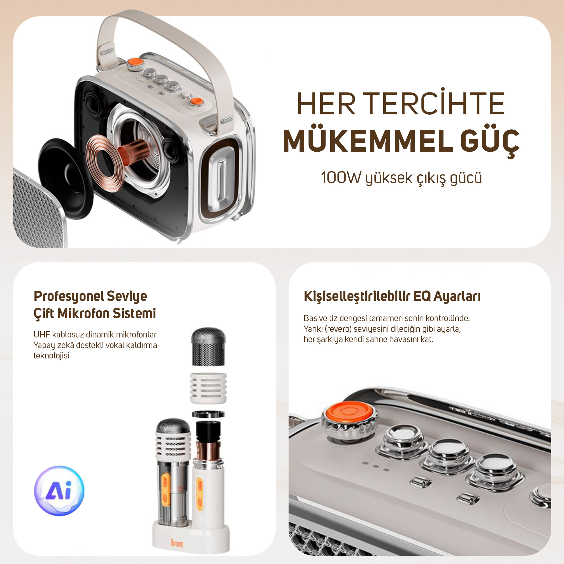 Hoparlör bileşenleri, mikrofonlar ve düğmeler.