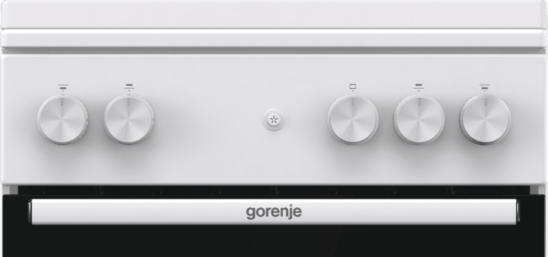 Fehér tűzhely részlete, öt ezüst forgatógombbal és Gorenje logóval.