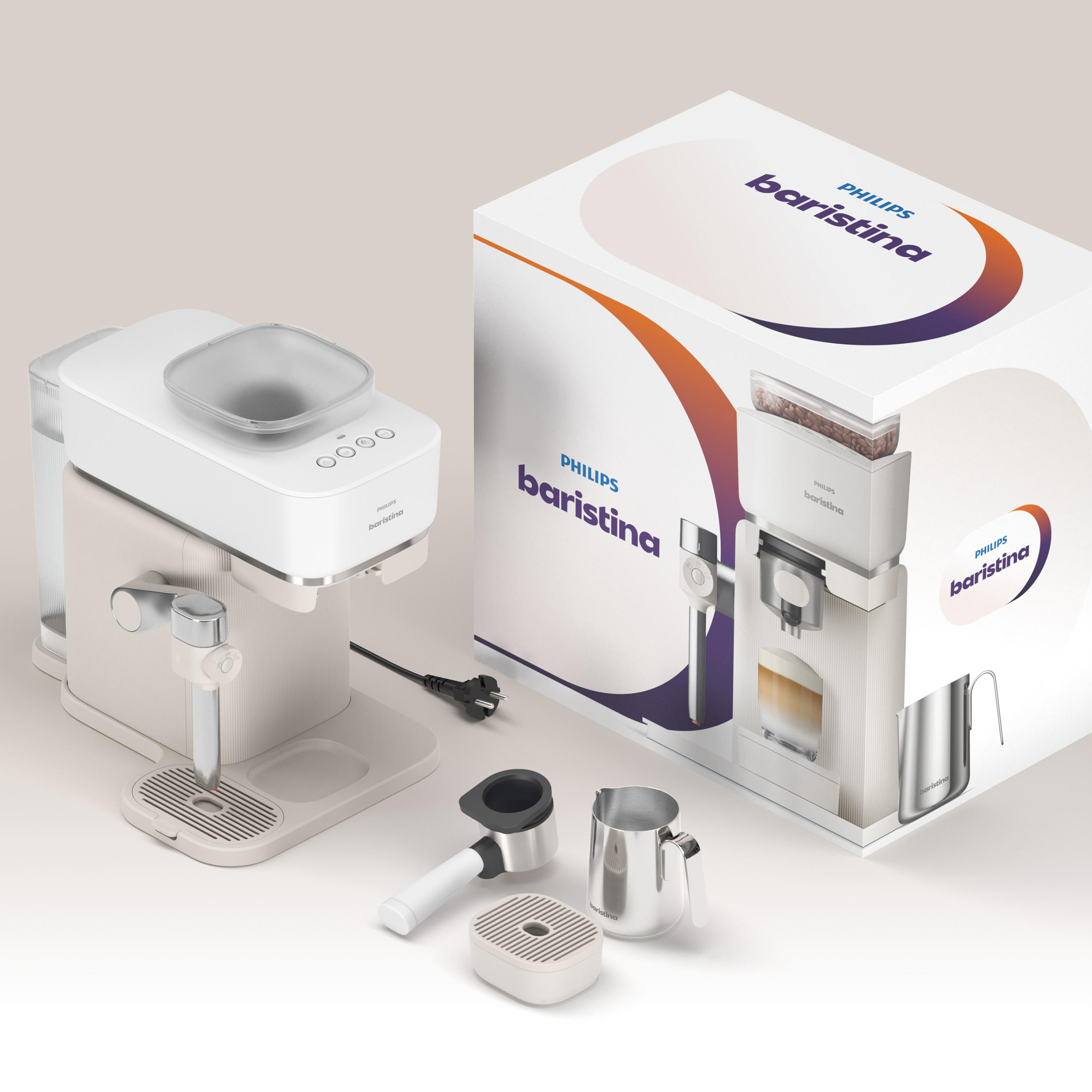 Weiße Philips Barista Kaffeemaschine mit Zubehör und Verpackung.