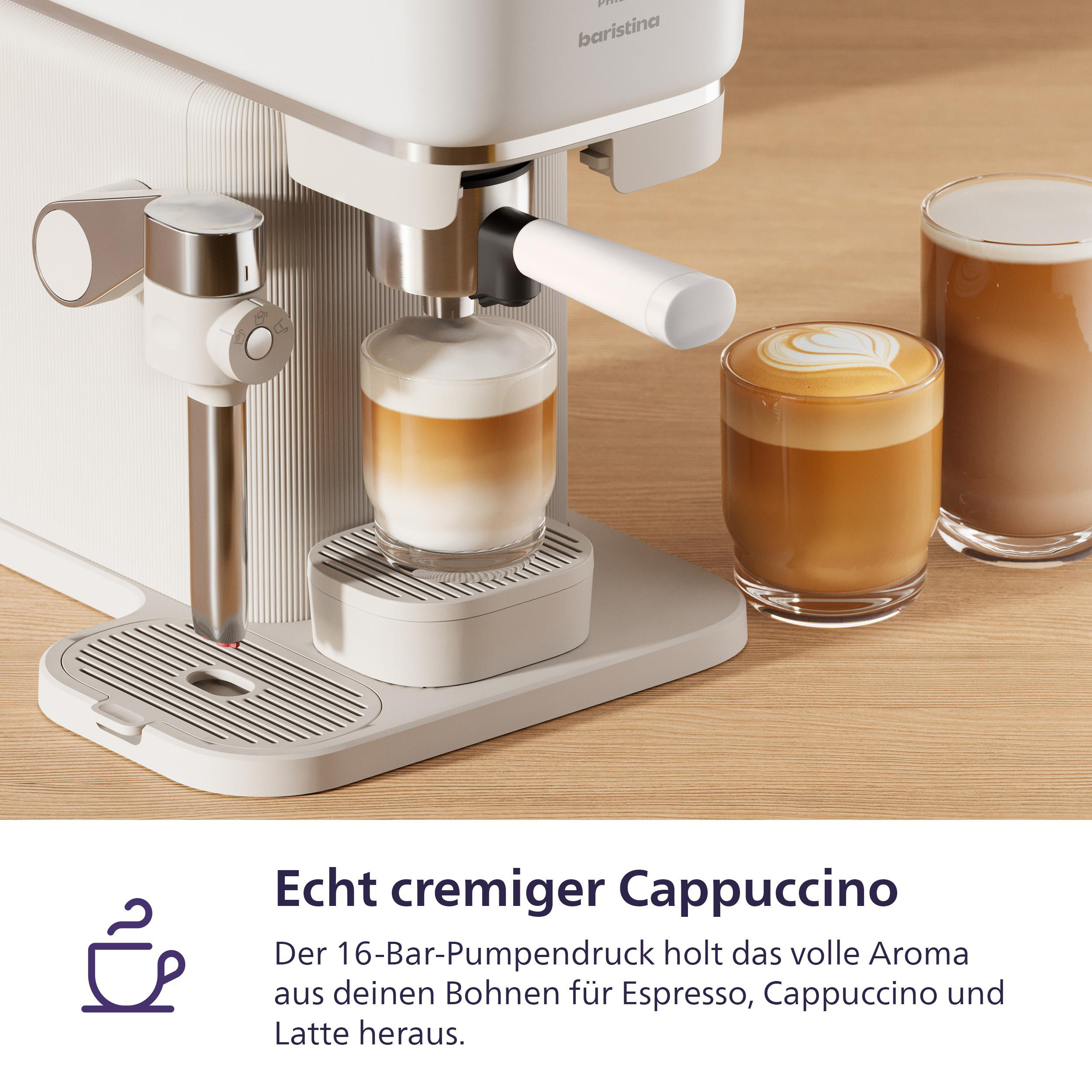 Eine weiße Kaffeemaschine brüht Cappuccino in Gläser.