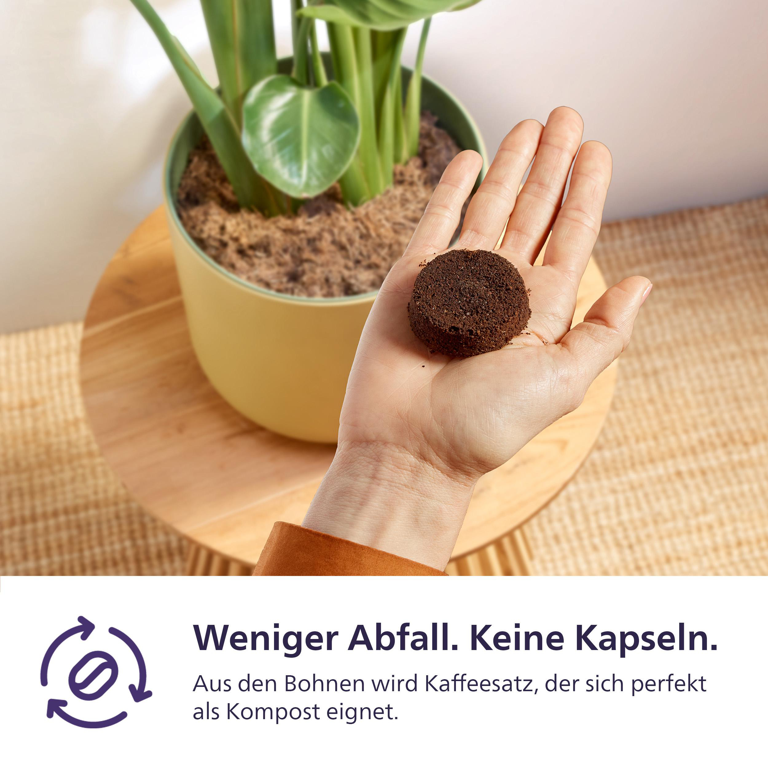 Eine Hand hält Kaffeesatz vor einer Topfpflanze. Weniger Abfall.