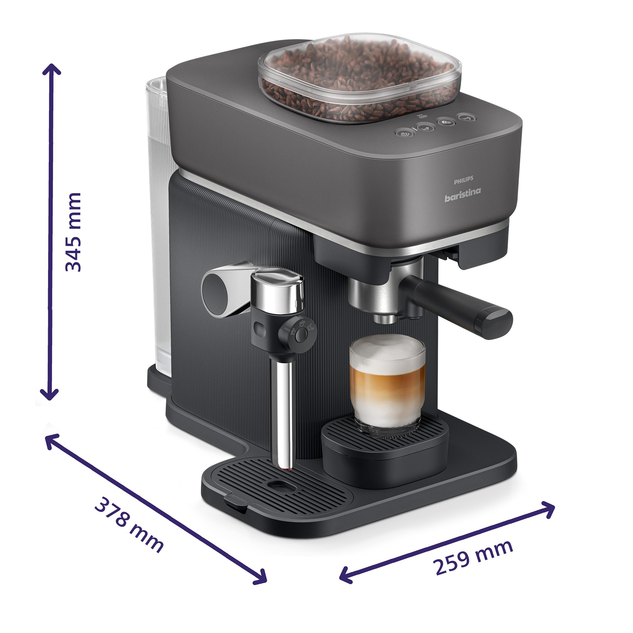Eine dunkle Kaffeemaschine mit einem Glas Milchschaumkaffee.