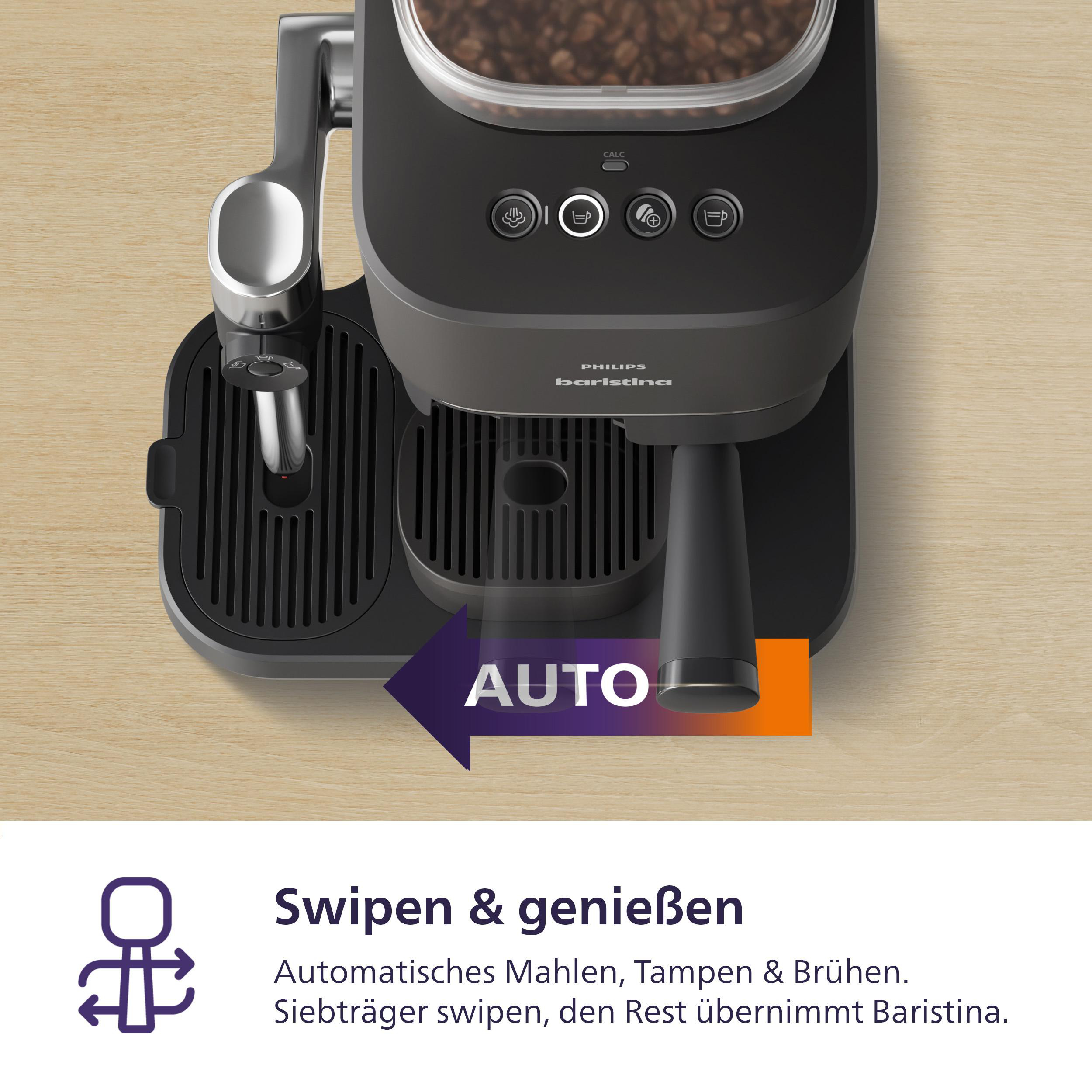 Kaffeemaschine mit Siebträger, Bohnenbehälter und AUTO-Funktion.