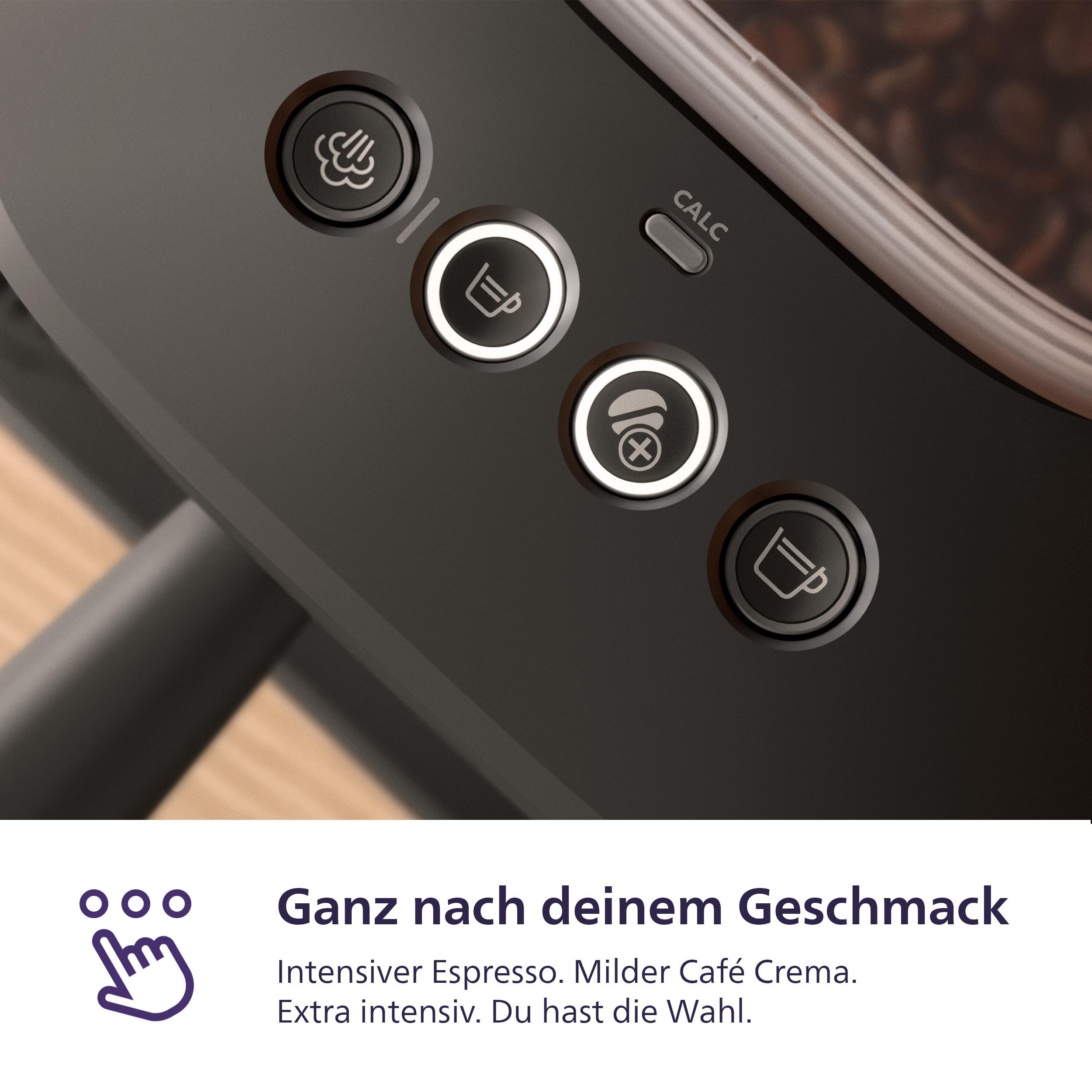 Bedienfeld einer Kaffeemaschine mit Tasten für Dampf, Espresso und CALC.