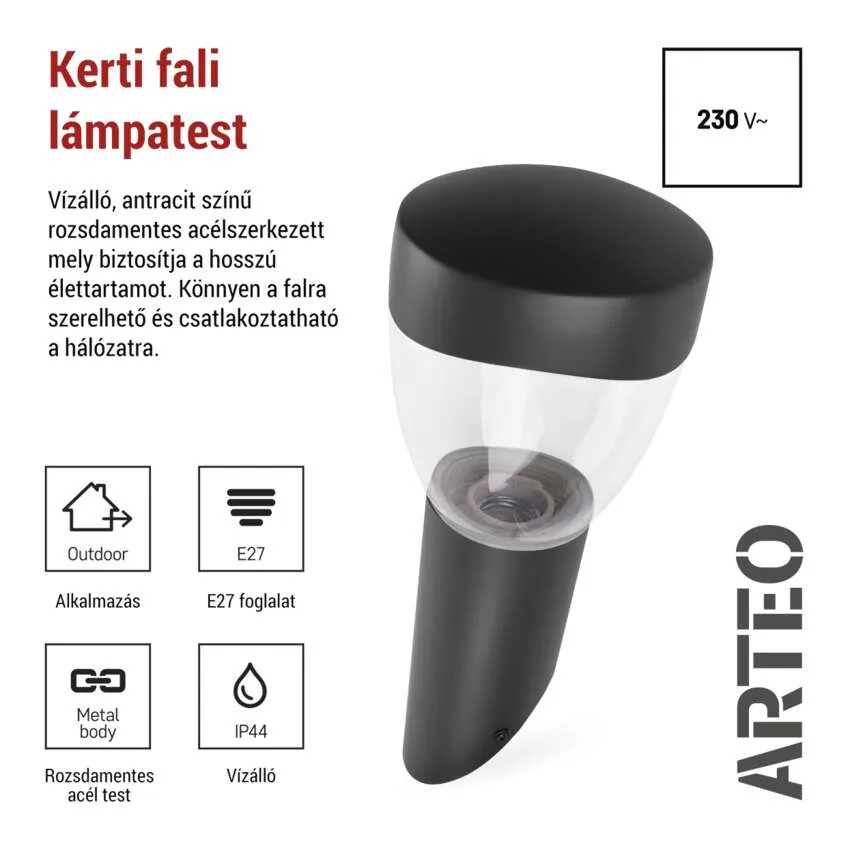 Szürke, rozsdamentes acél kültéri fali lámpa E27 foglalattal, 230V.