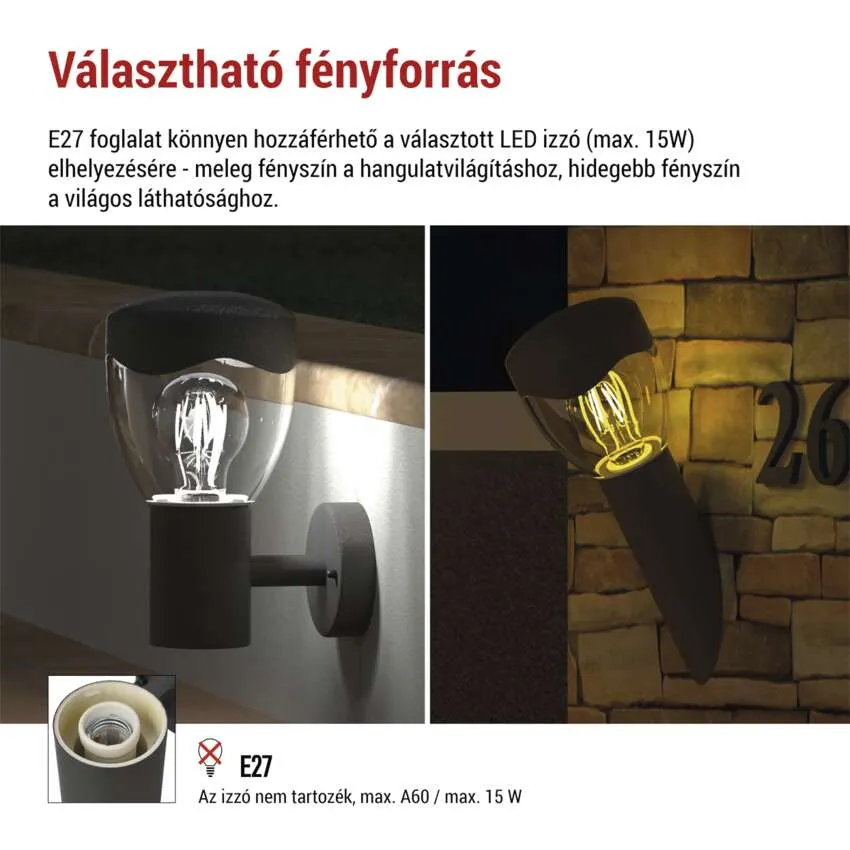 Sötét fali lámpa E27 foglalattal, izzóval.