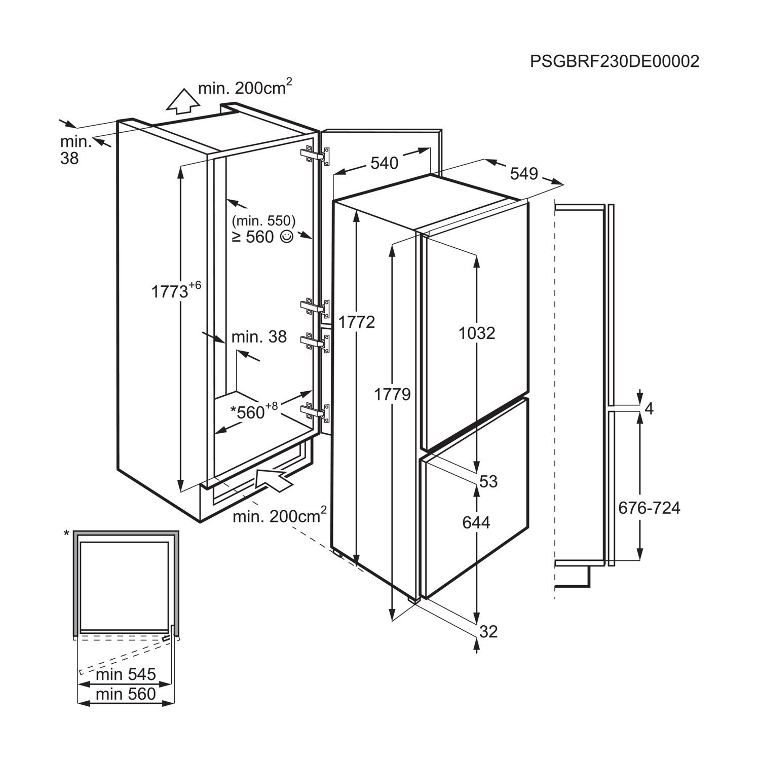 Disegno tecnico di frigorifero-congelatore con dimensioni.