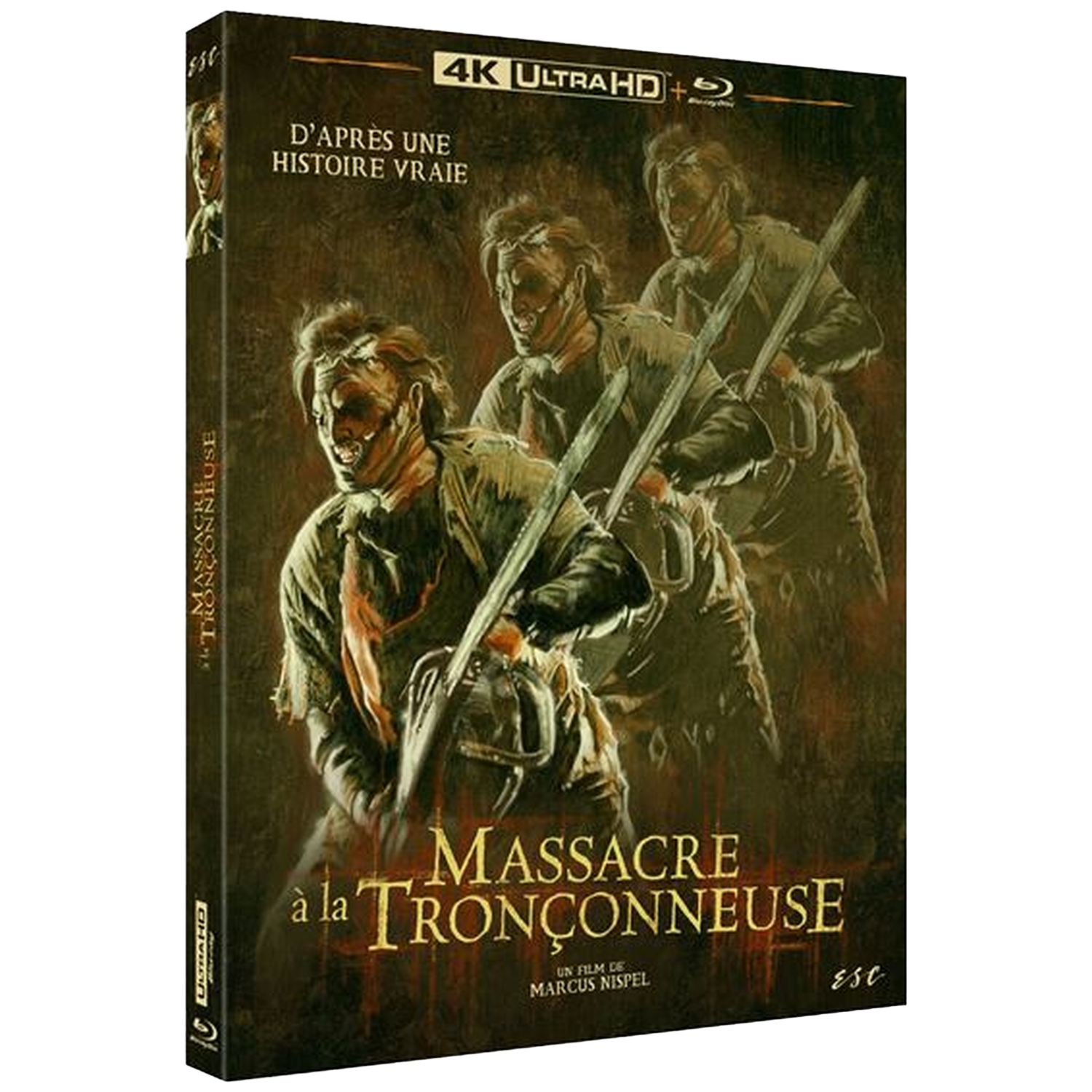Movie cover featuring three men with chainsaws, titled "Massacre à la Tronçonneuse".